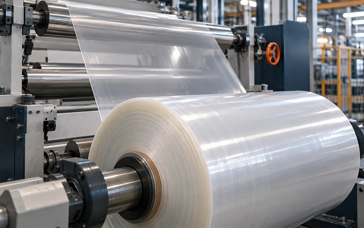 Translucent polymer film passing over rollers onto a winding roll