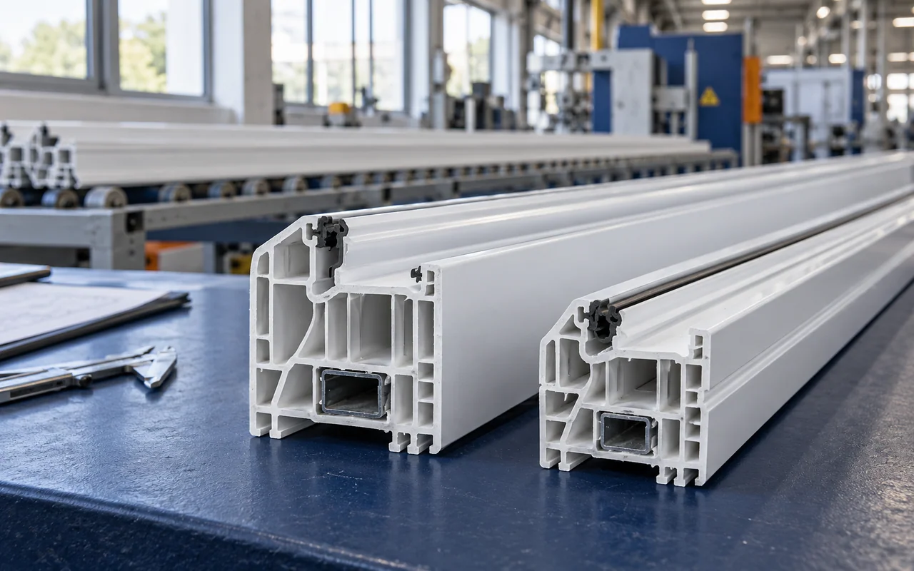 White multi-chamber PVC profiles on an inspection bench in a profile workshop