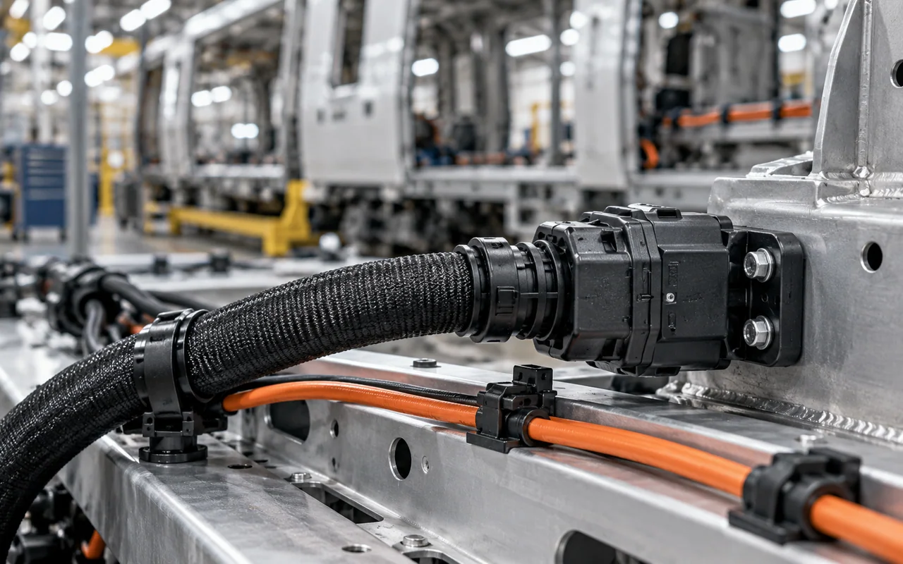 Transport wiring harness with insulated power leads and a polymer connector on a chassis rail