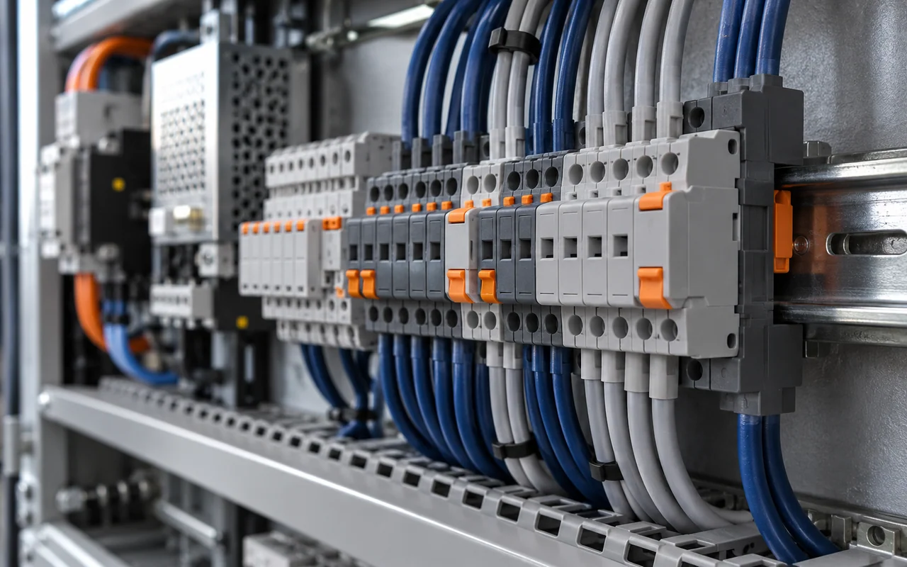 Molded polymer terminal blocks with insulated cables in an electrical cabinet