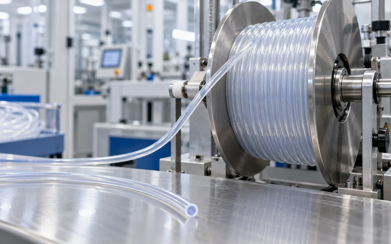 Transparent flexible polymer tubing on a take-up reel in a clean production room