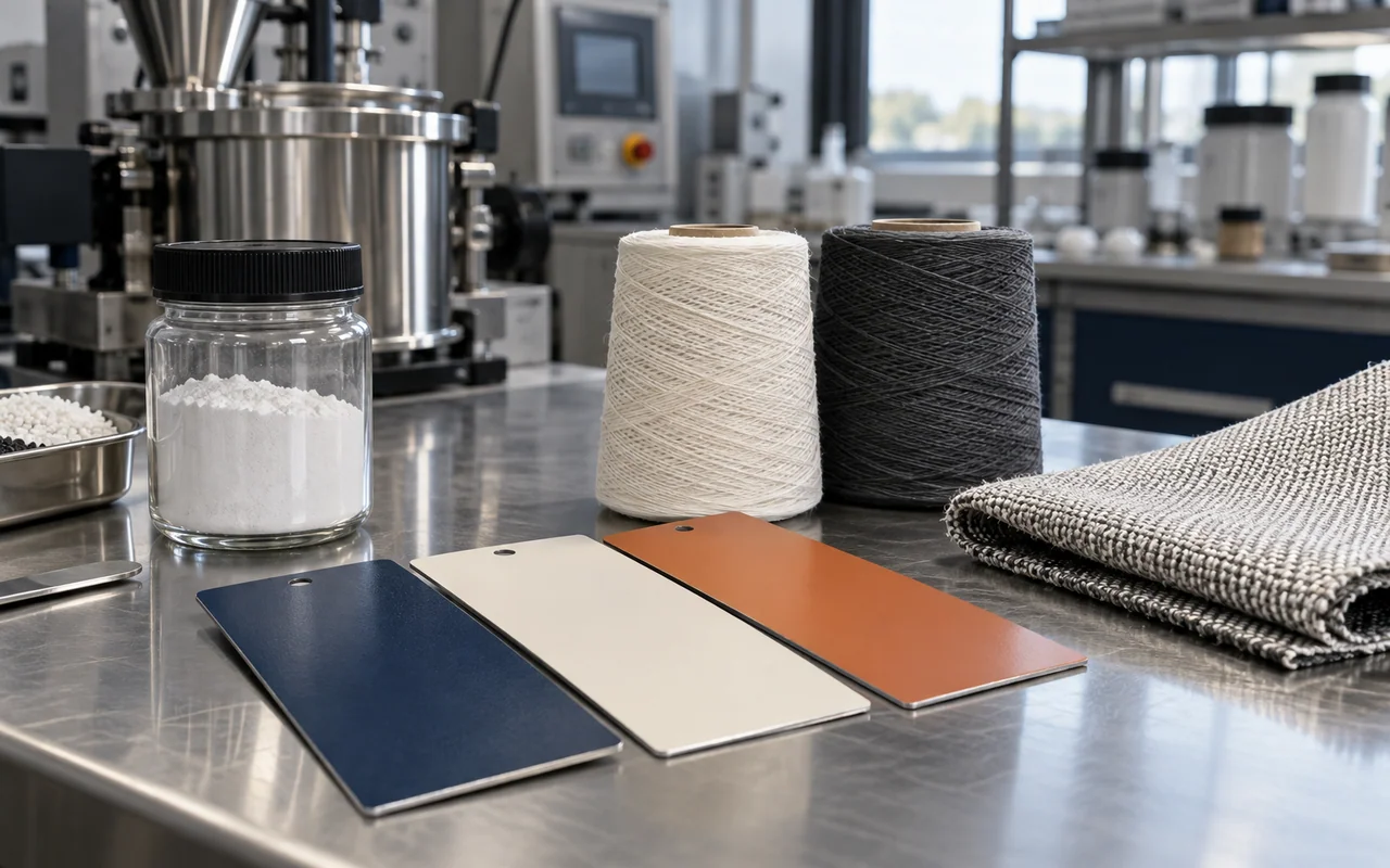 Coating drawdown panels and technical yarn samples on a materials development bench